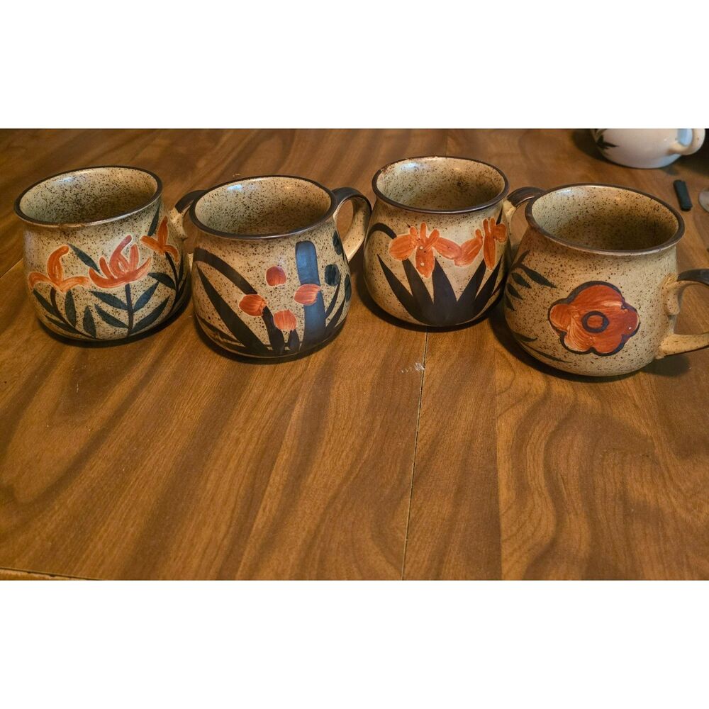 Vintage Speckled Pottery Coffee Mugs - Set of 4
